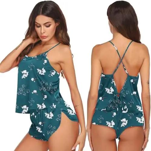 Silk Pajamas Set for Women Satin Backless Lingerie Pjs Cami Top and Shorts Nightwear - Love Salve